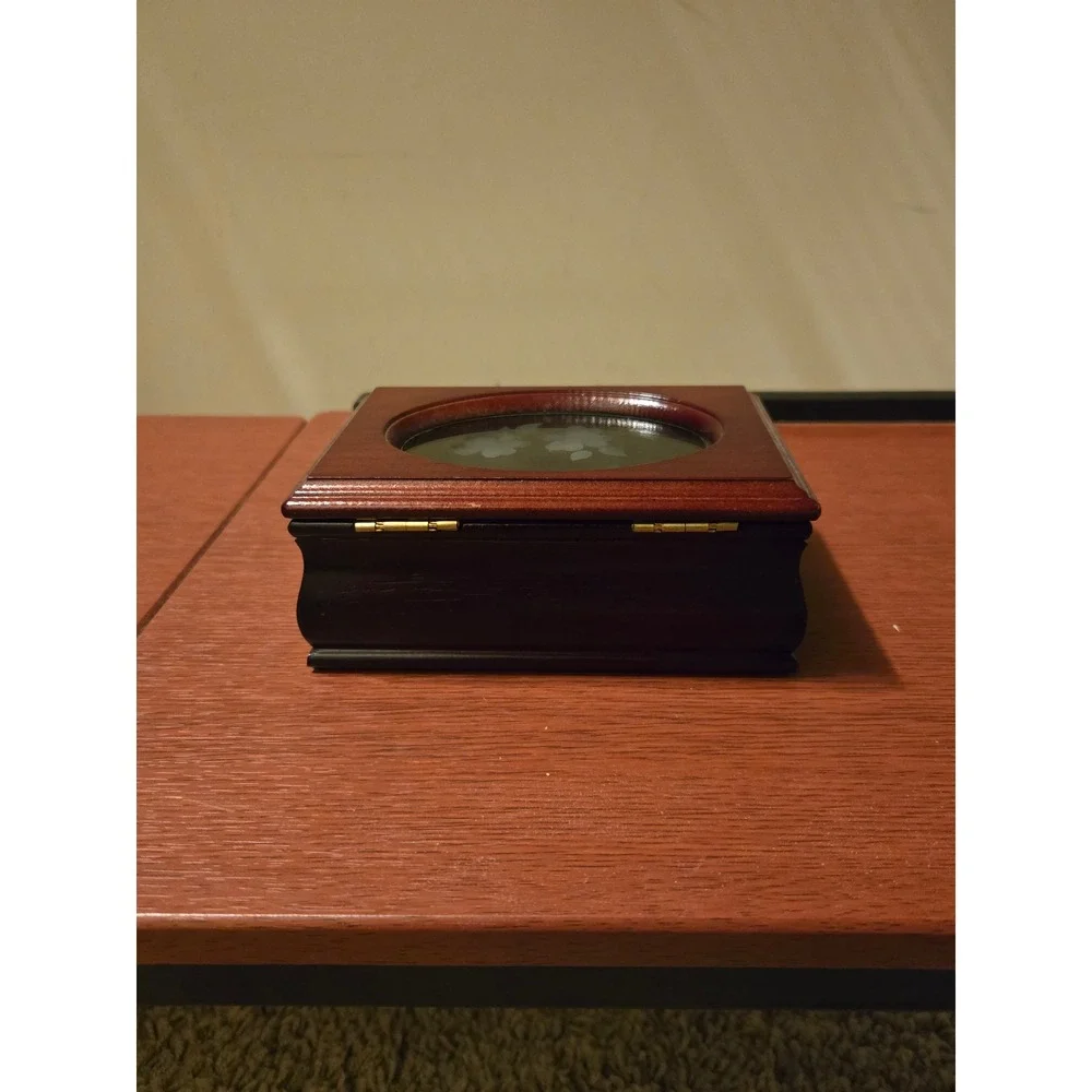 Vintage Cherry Wood Jewelry Box Etched Floral Glass Lid Green Velvet Lining